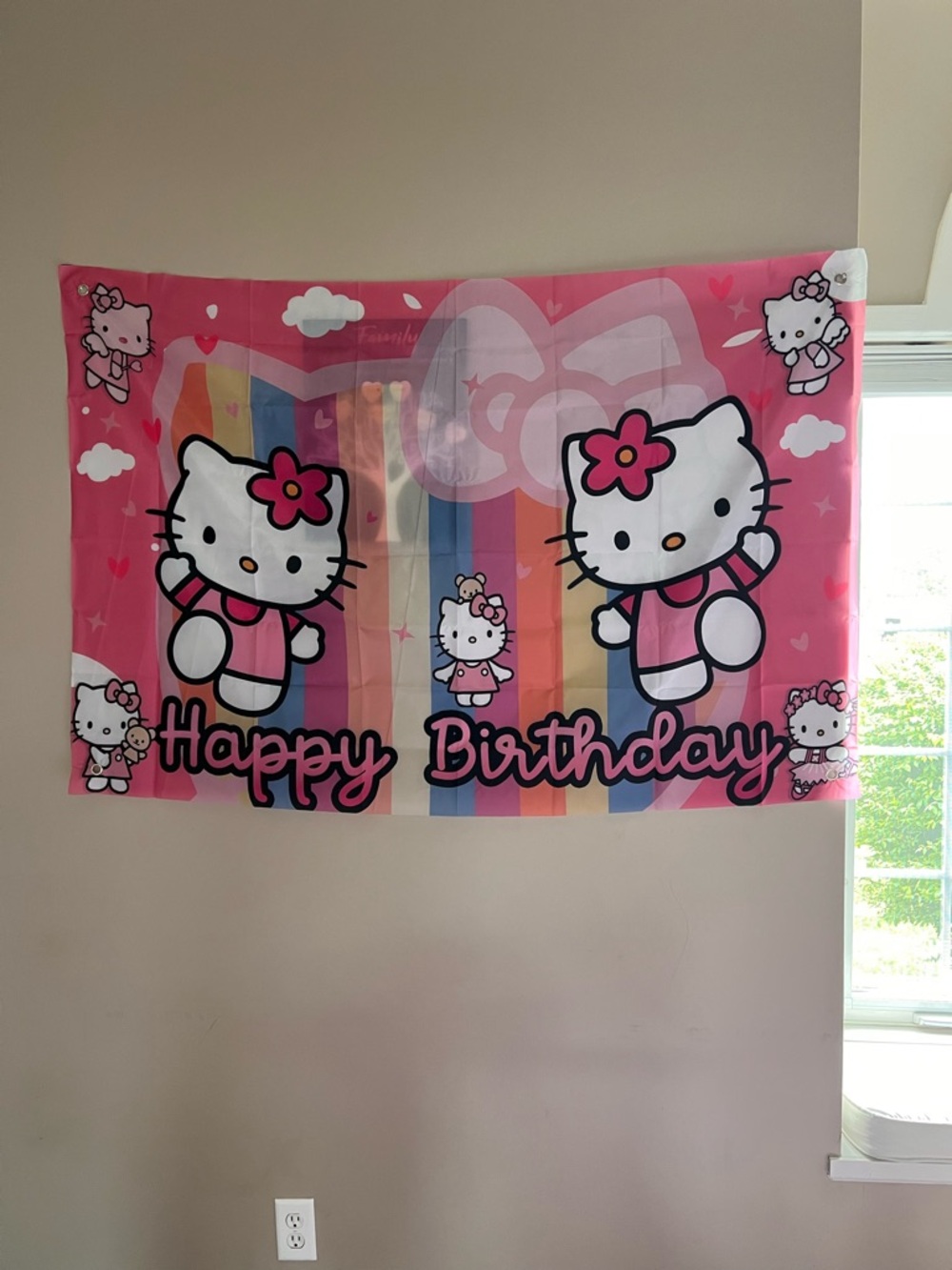 Hello Kitty Pink and Rainbow Happy Birthday Party Backdrop Banner